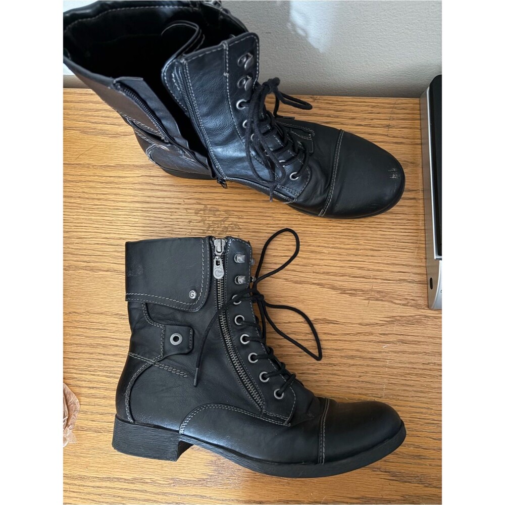 Guess Black Leather Lace-Up Combat Moto Boots with Zipper Detail